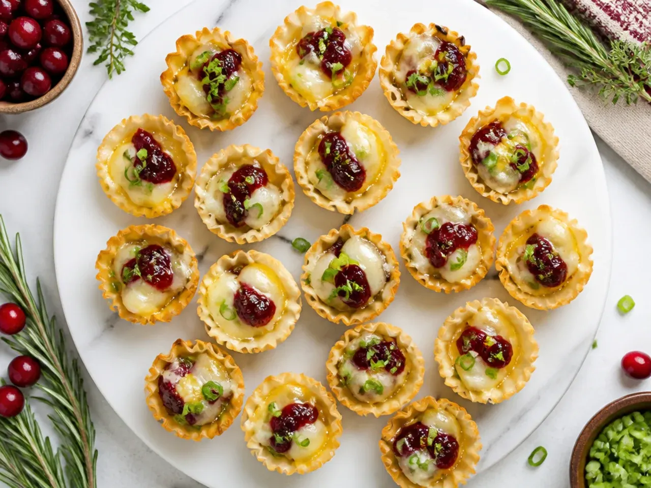 Close-up of phyllo cups filled with melted brie and glossy cranberry sauce topped with pecans