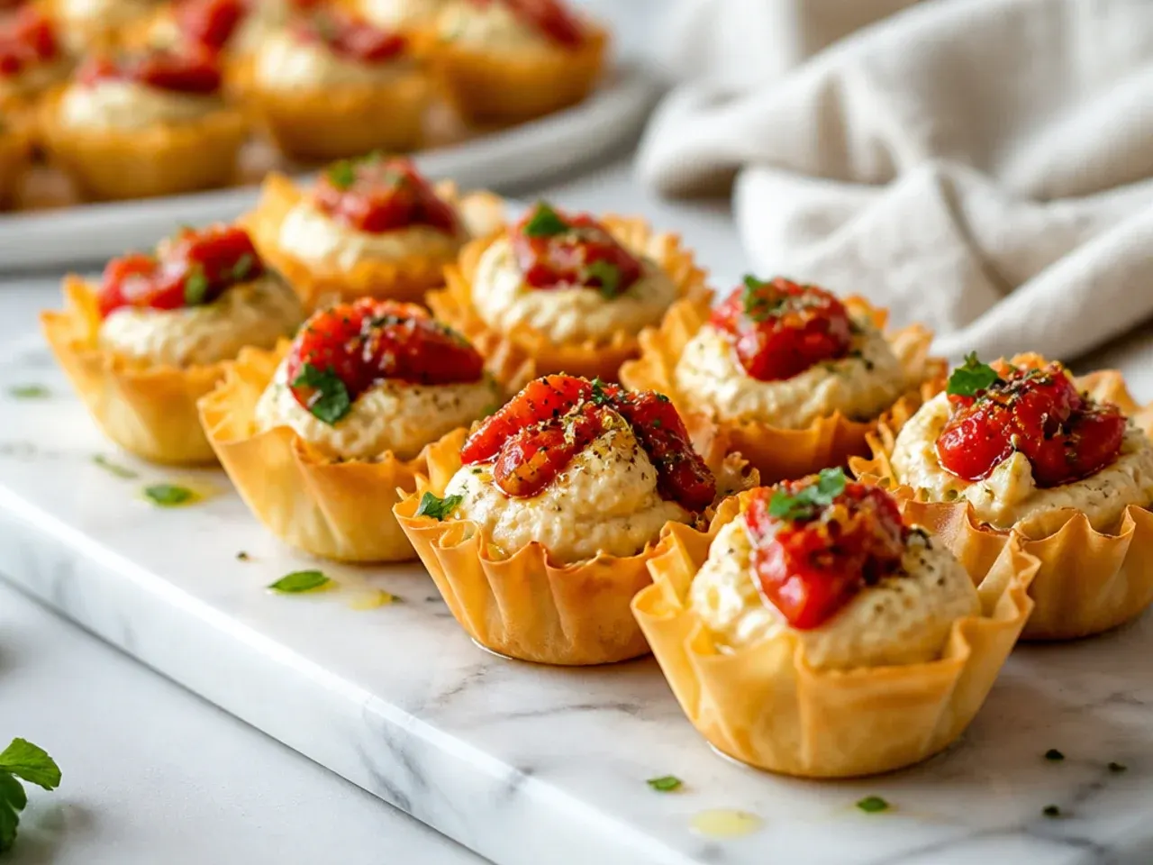 Mini phyllo cups filled with hummus and topped with strips of roasted red pepper