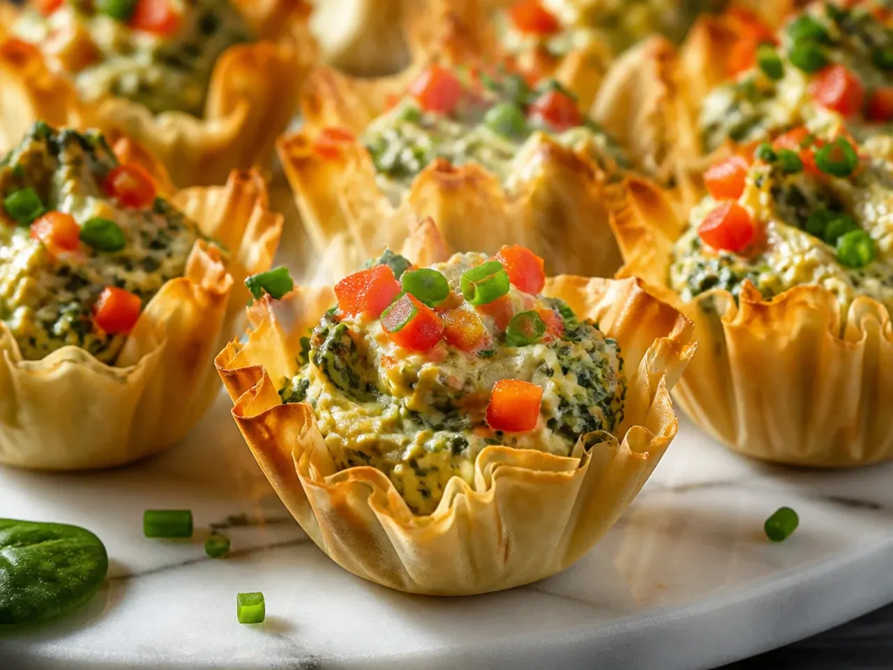 Golden phyllo cups filled with creamy spinach and artichoke dip fresh from the oven