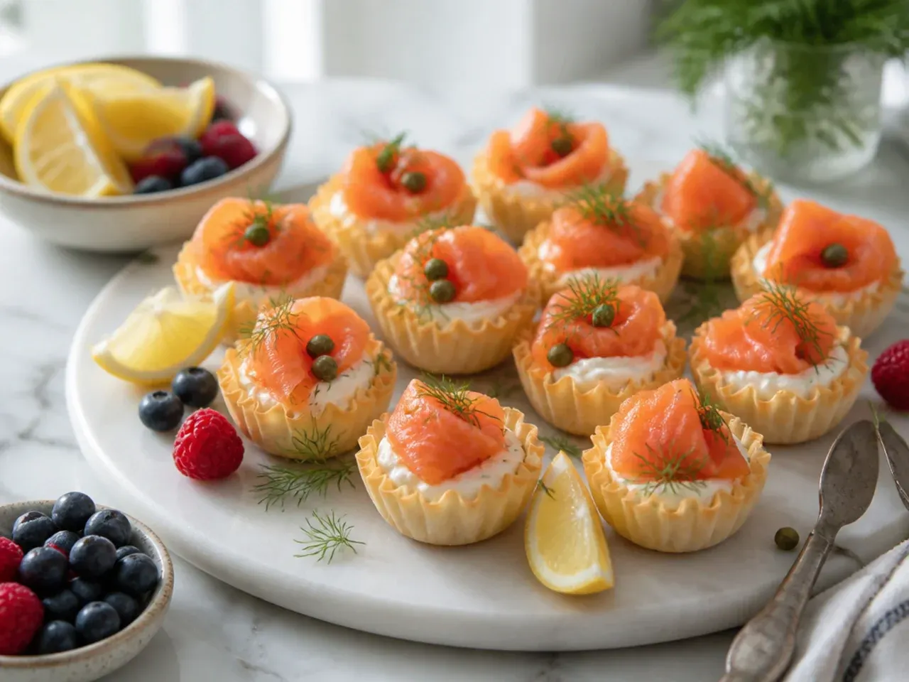 Phyllo cups topped with cream cheese, smoked salmon curls, dill and capers