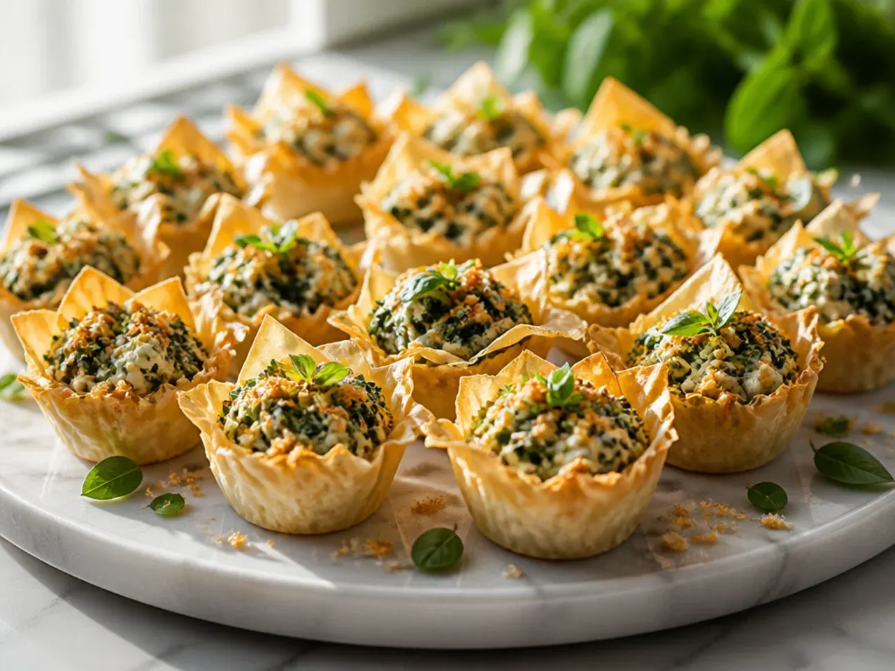 Close-up cross-section of a phyllo cup filled with creamy spinach and feta filling