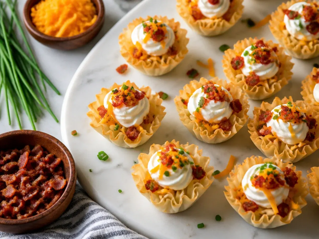 Phyllo cups loaded with melted cheddar, crispy bacon bits and fresh chives