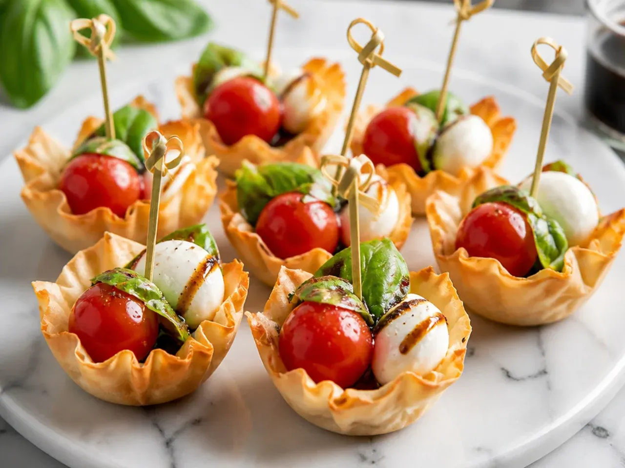 Fresh caprese phyllo cups with cherry tomato, mozzarella and basil drizzled with balsamic glaze
