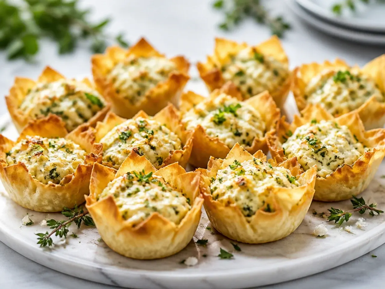 Mini phyllo cups filled with a golden baked three-cheese and herb mixture