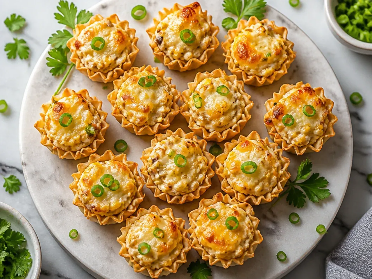 Phyllo cups filled with tuna mayo and sweetcorn topped with chopped spring onion