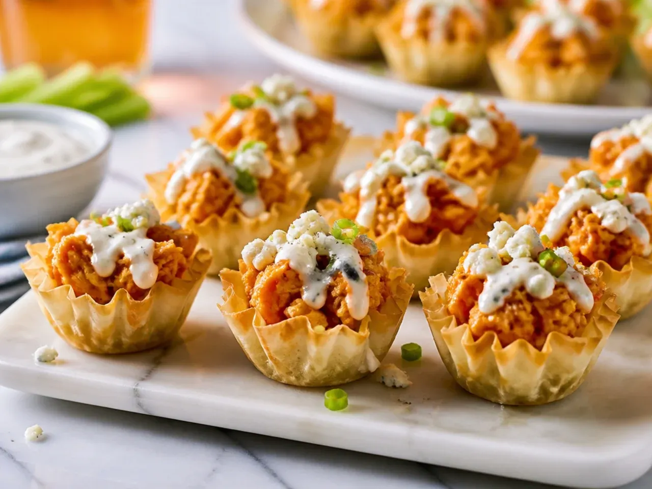 Phyllo cups filled with buffalo chicken and drizzled with blue cheese dressing