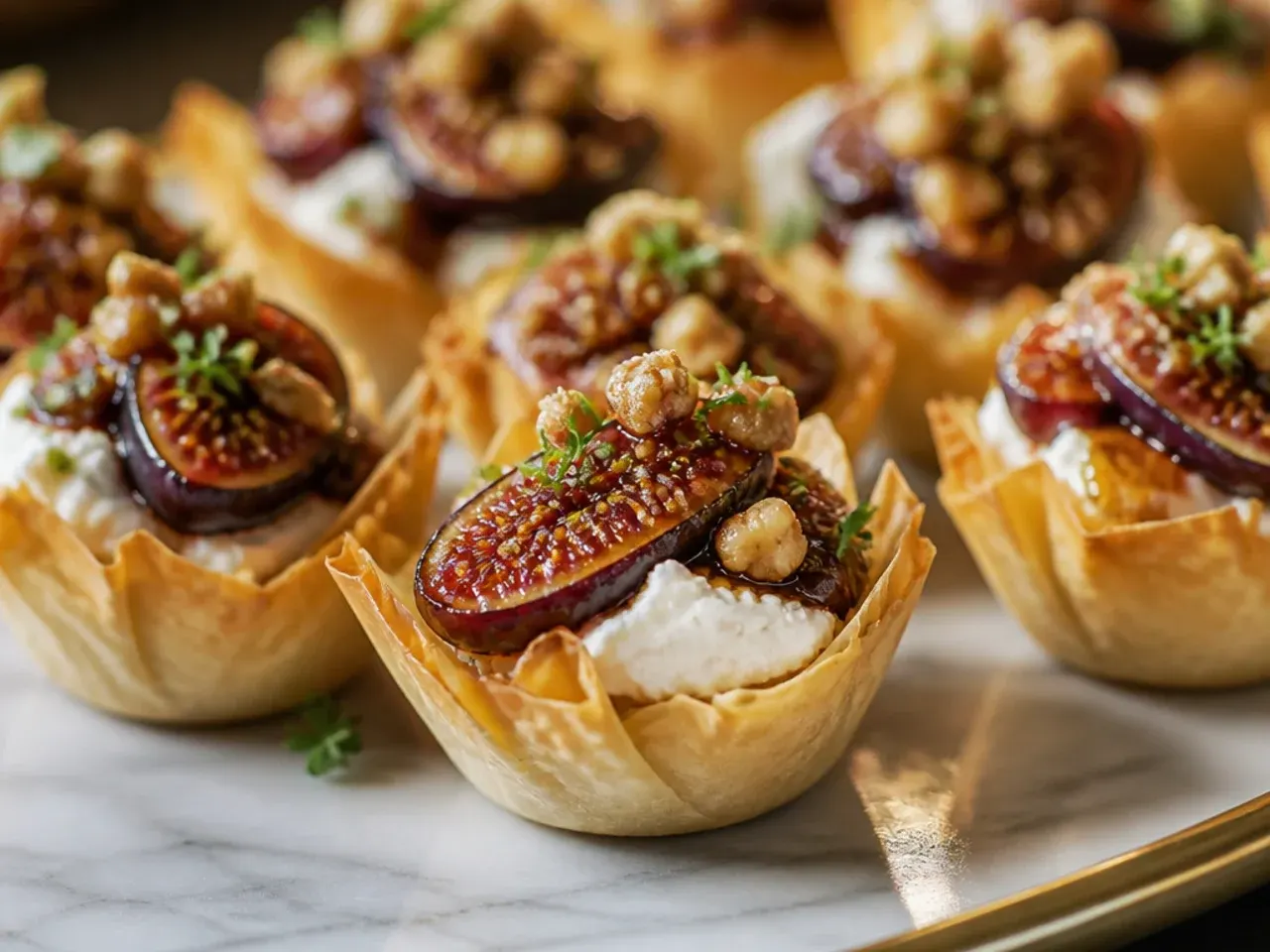 Elegant phyllo cups topped with goat cheese, fig slices, honey and walnuts