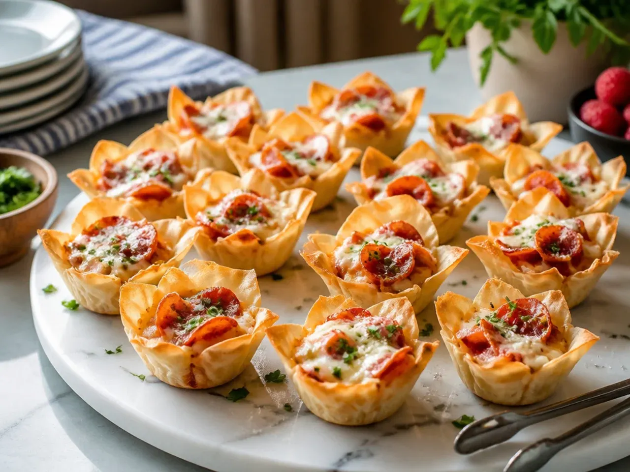 Mini pizza phyllo cups with melted mozzarella and pepperoni fresh from the oven