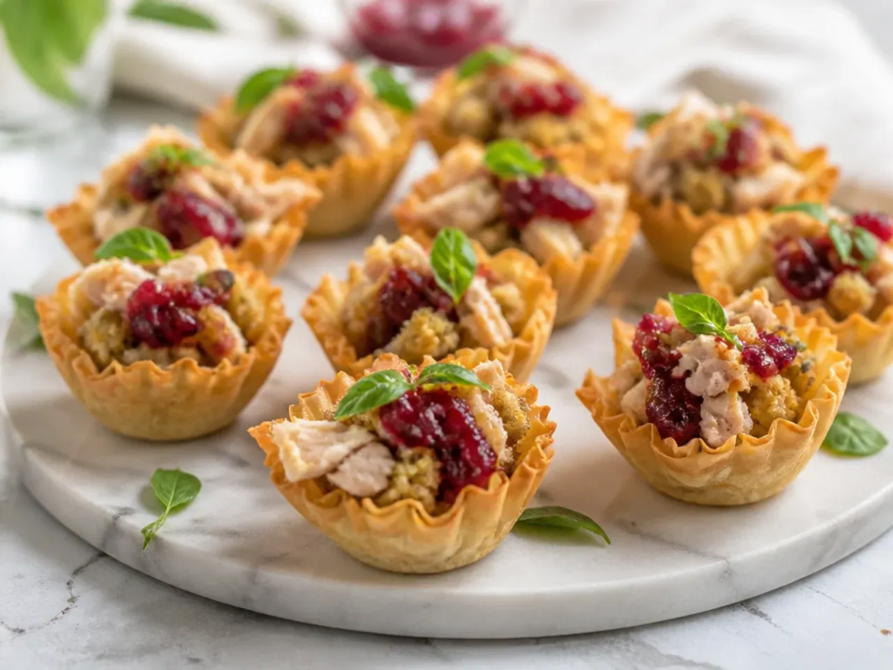 Phyllo cups filled with shredded turkey, cranberry sauce and stuffing drizzled with gravy