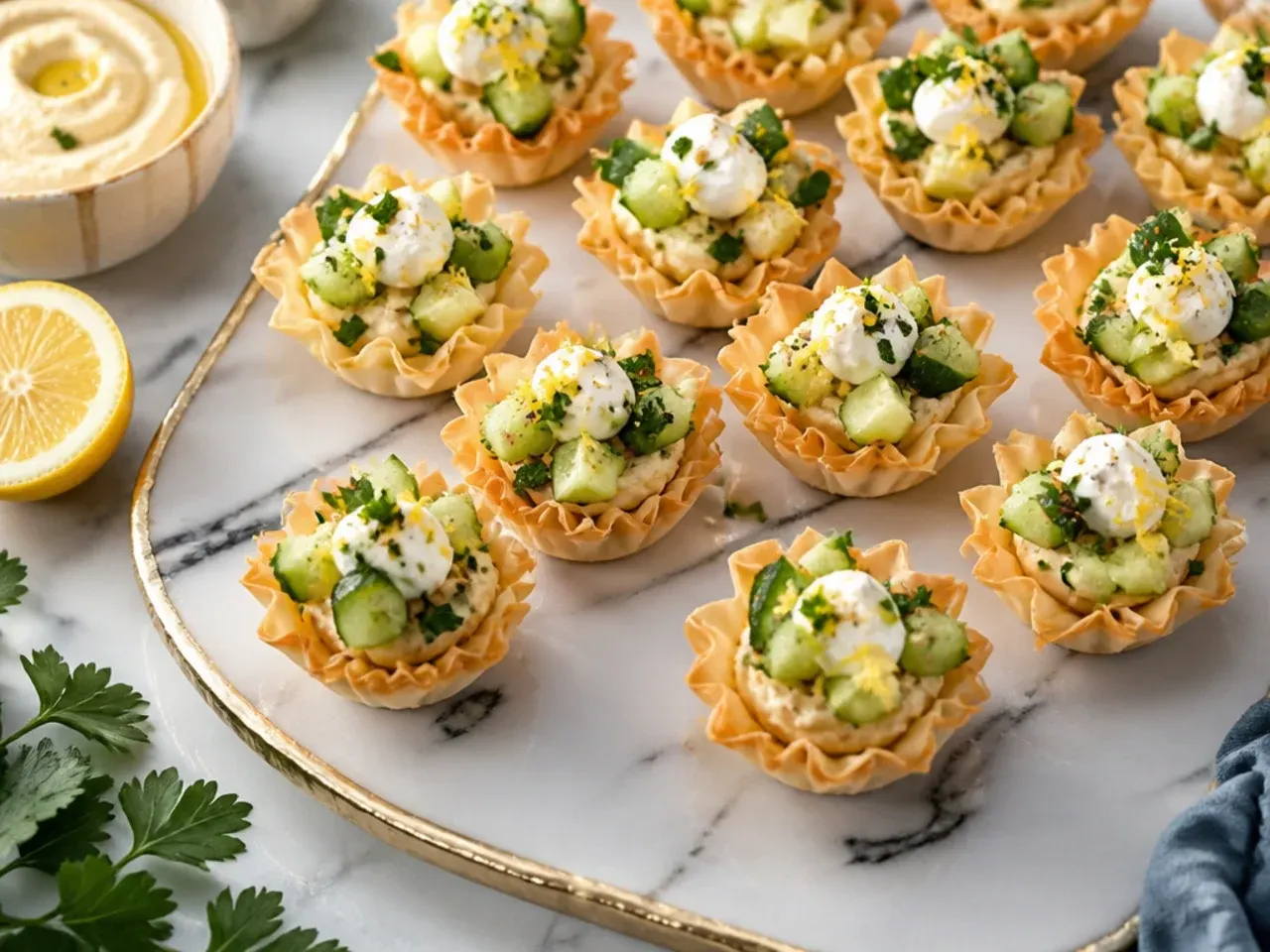 Quick phyllo cups filled with hummus and diced cucumber sprinkled with za'atar
