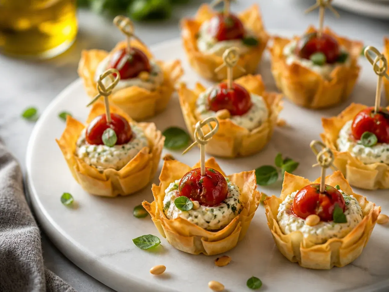 Homemade phyllo shells being pressed into a mini muffin tin before baking