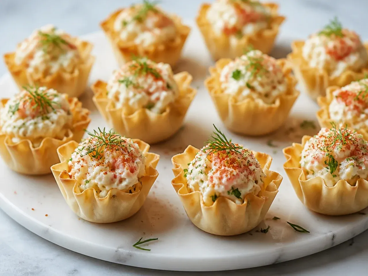 Phyllo cups filled with creamy crab filling garnished with chives