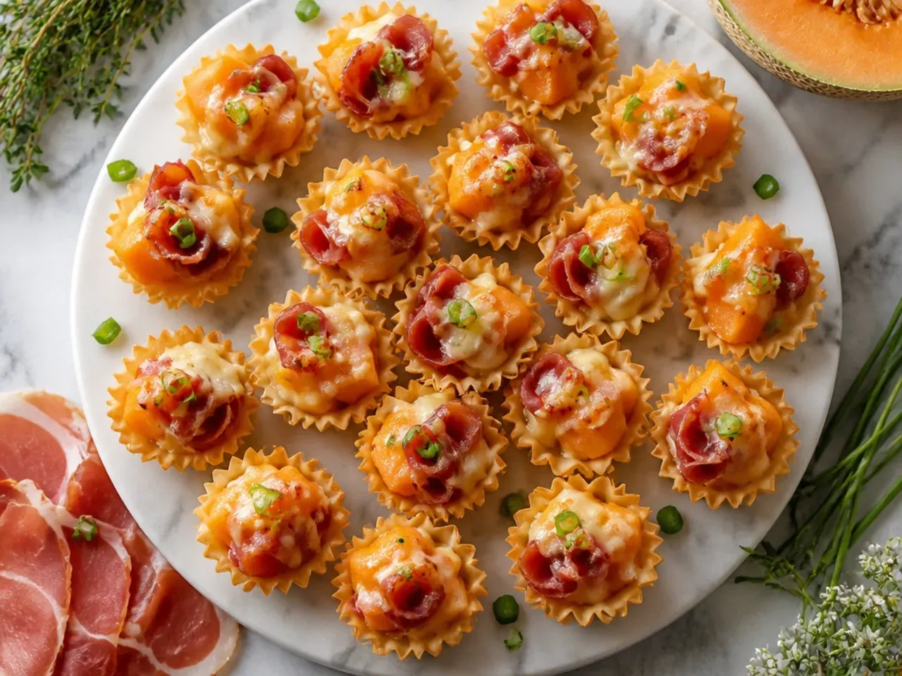 Phyllo cups filled with prosciutto-wrapped melon and a drizzle of balsamic glaze