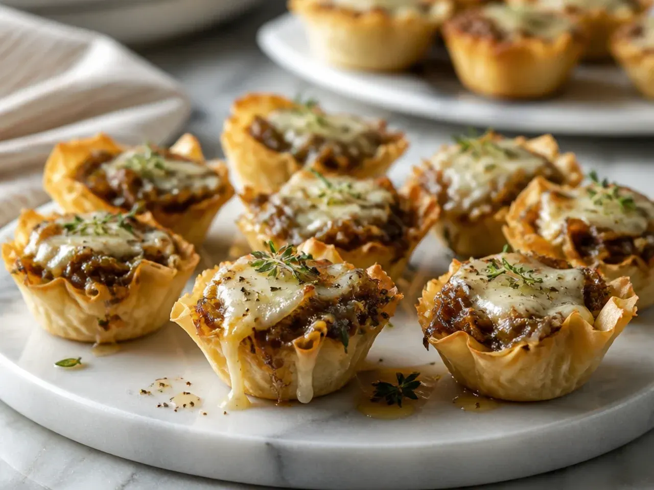 Phyllo cups filled with caramelised onions and melted gruyère cheese