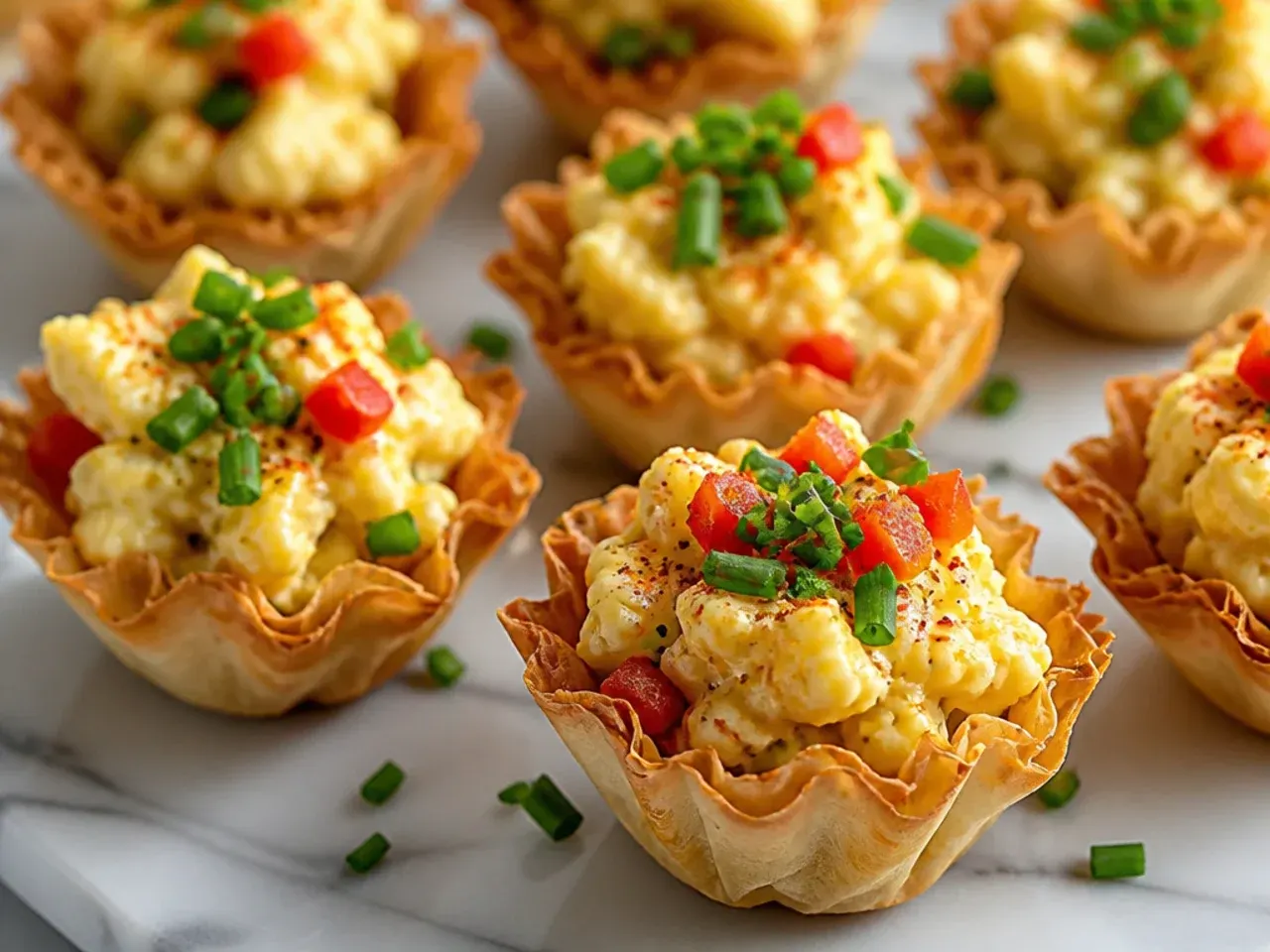 Phyllo cups filled with creamy egg salad topped with chives and paprika