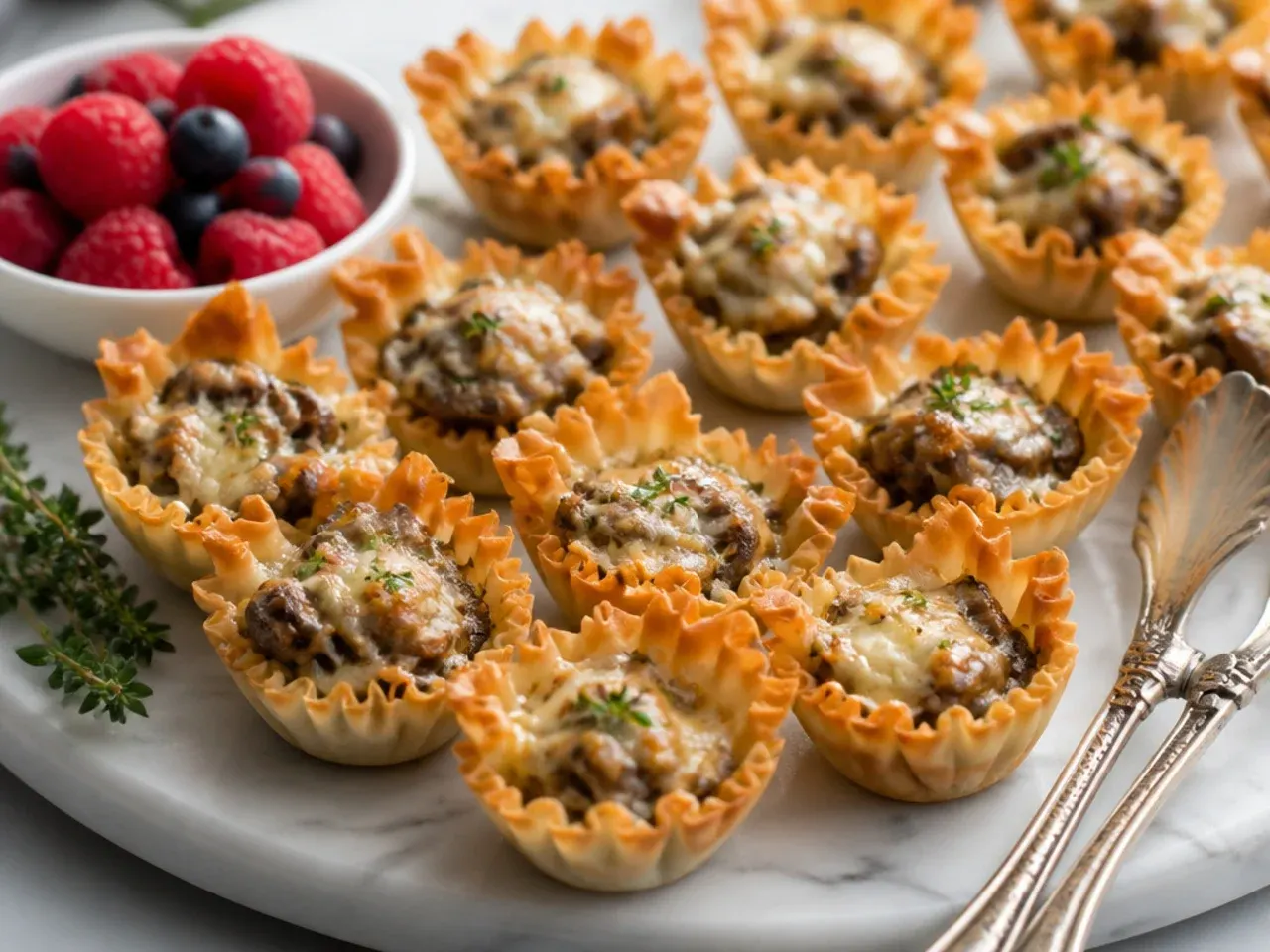 Phyllo cups filled with creamy sautéed mushroom and gruyère cheese filling
