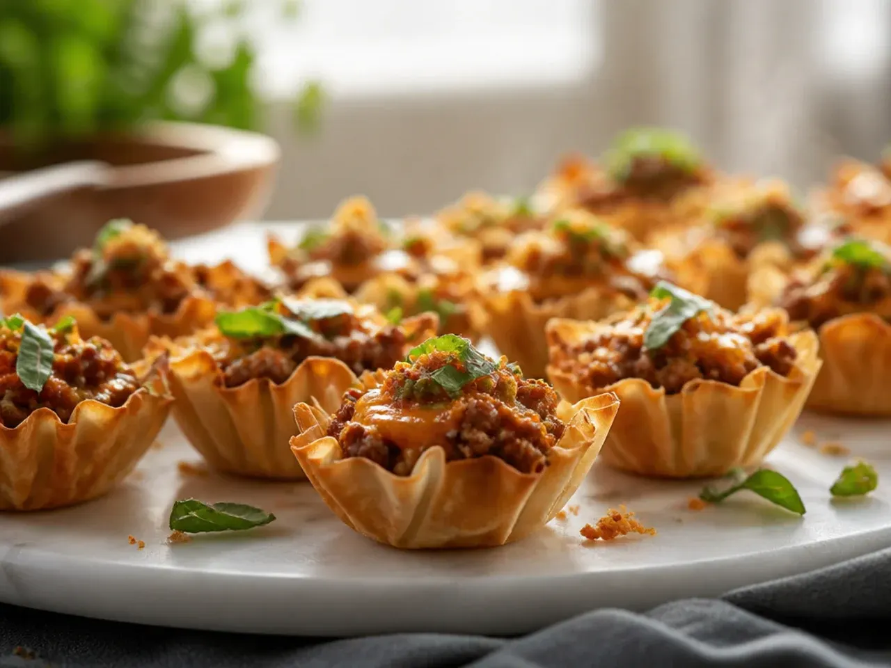 Phyllo cups filled with taco-spiced beef, melted cheese, sour cream and avocado