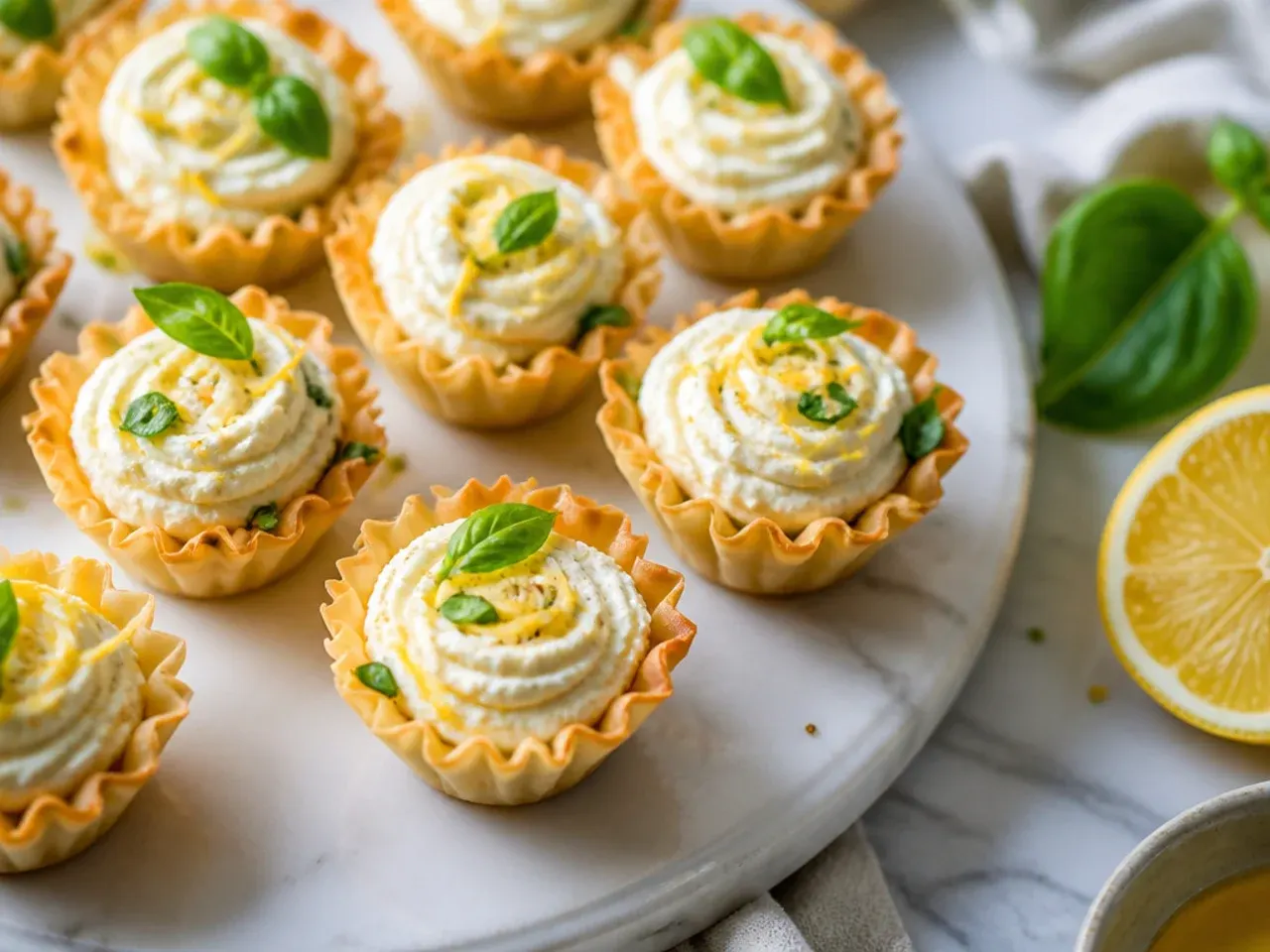 Phyllo cups filled with whipped lemon ricotta topped with fresh basil leaves