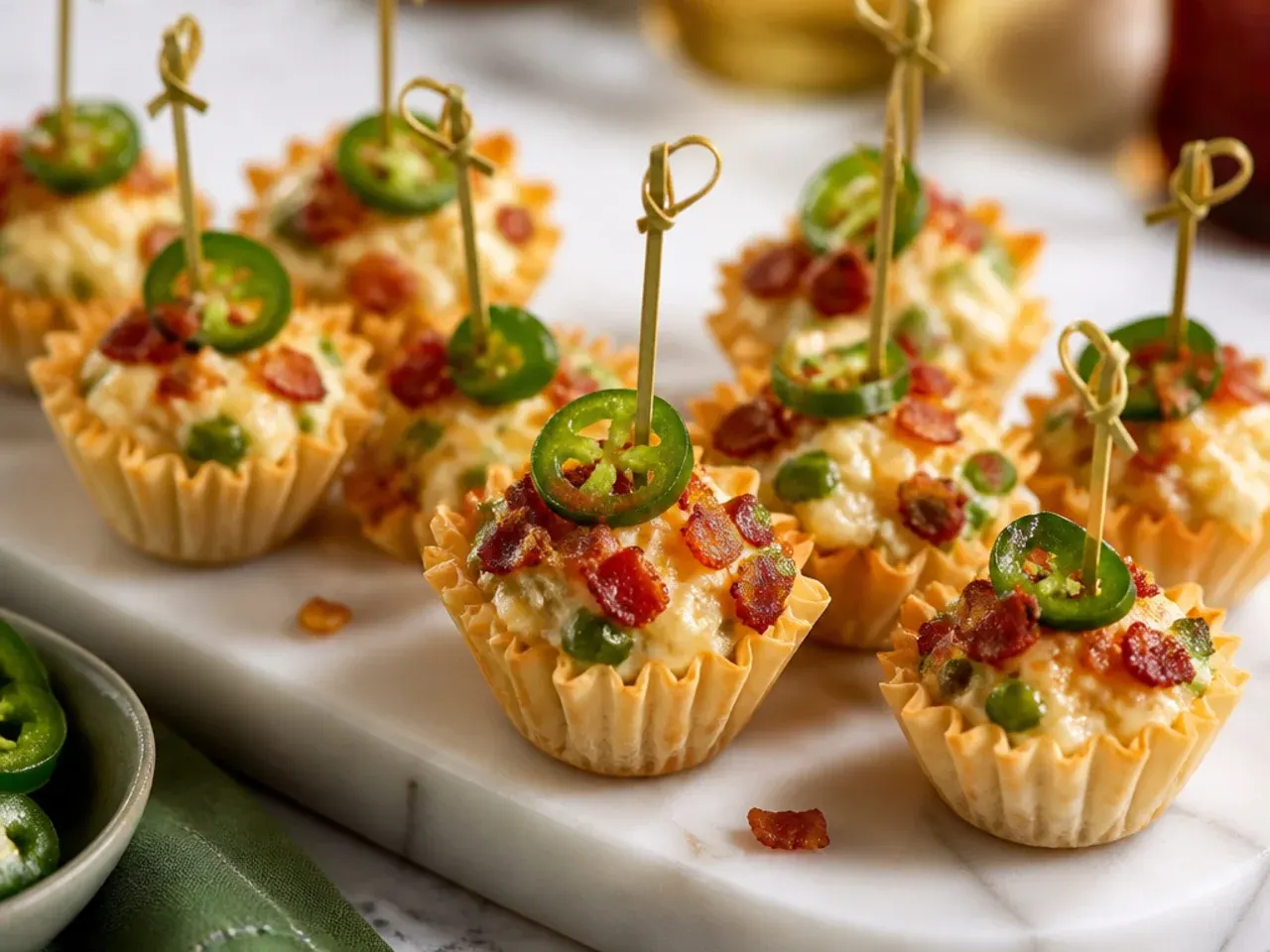 Phyllo cups filled with jalapeño popper mixture topped with melted cheese and bacon