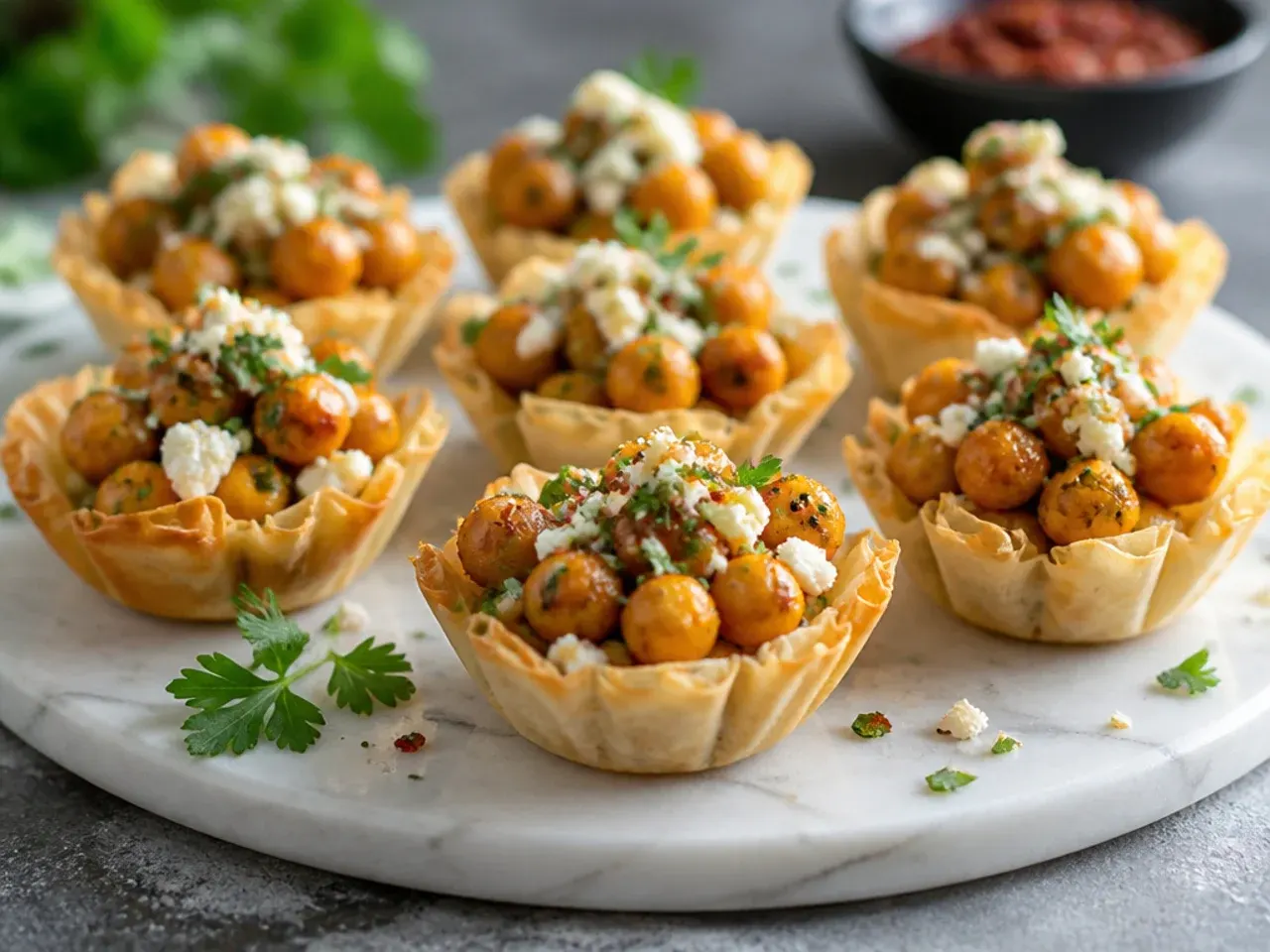 Phyllo cups filled with mashed chickpea and herb mixture topped with pomegranate seeds