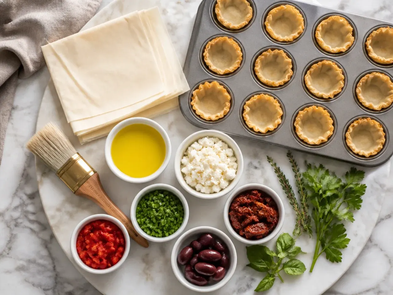 Hands carefully filling a tray of mini phyllo cups with various savoury fillings