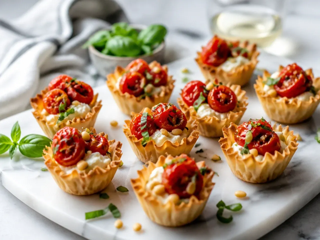 A large platter of mixed phyllo cup appetizers arranged by flavour for a party