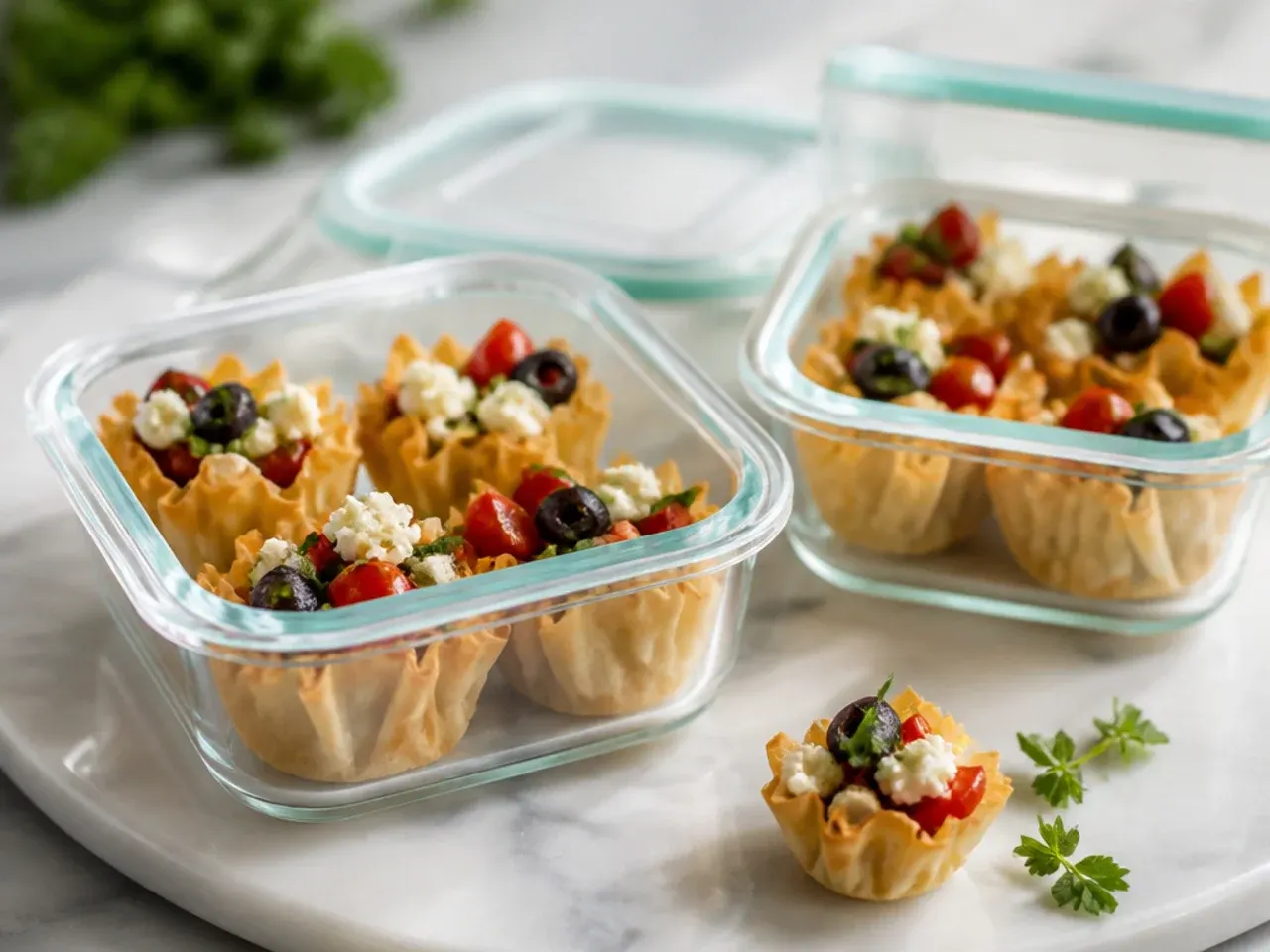 Filled phyllo cups stored in an airtight container ready to be reheated