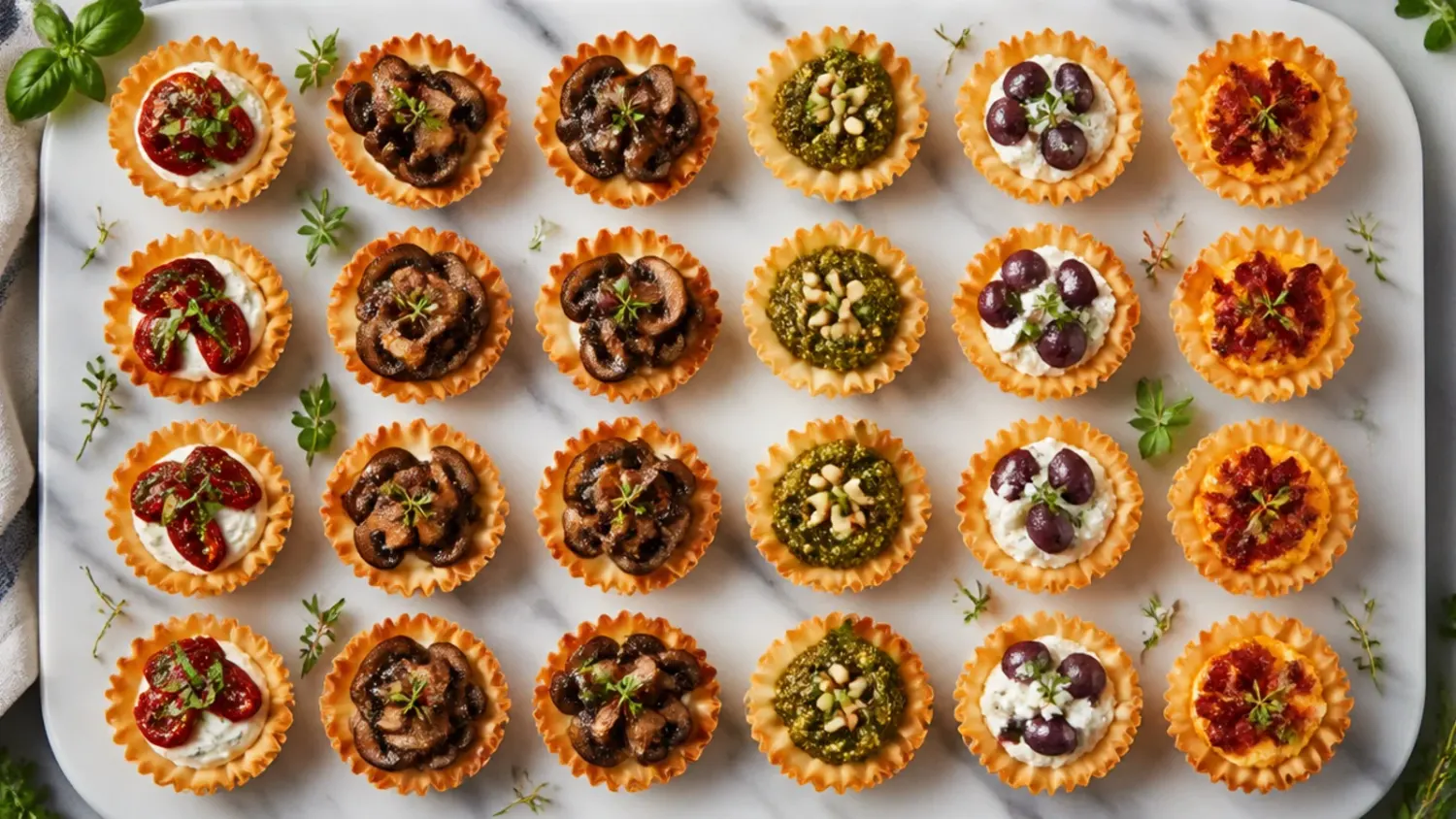 A platter of golden mini phyllo cups filled with cheesy sausage, bruschetta and smoked salmon toppings, arranged for a party spread