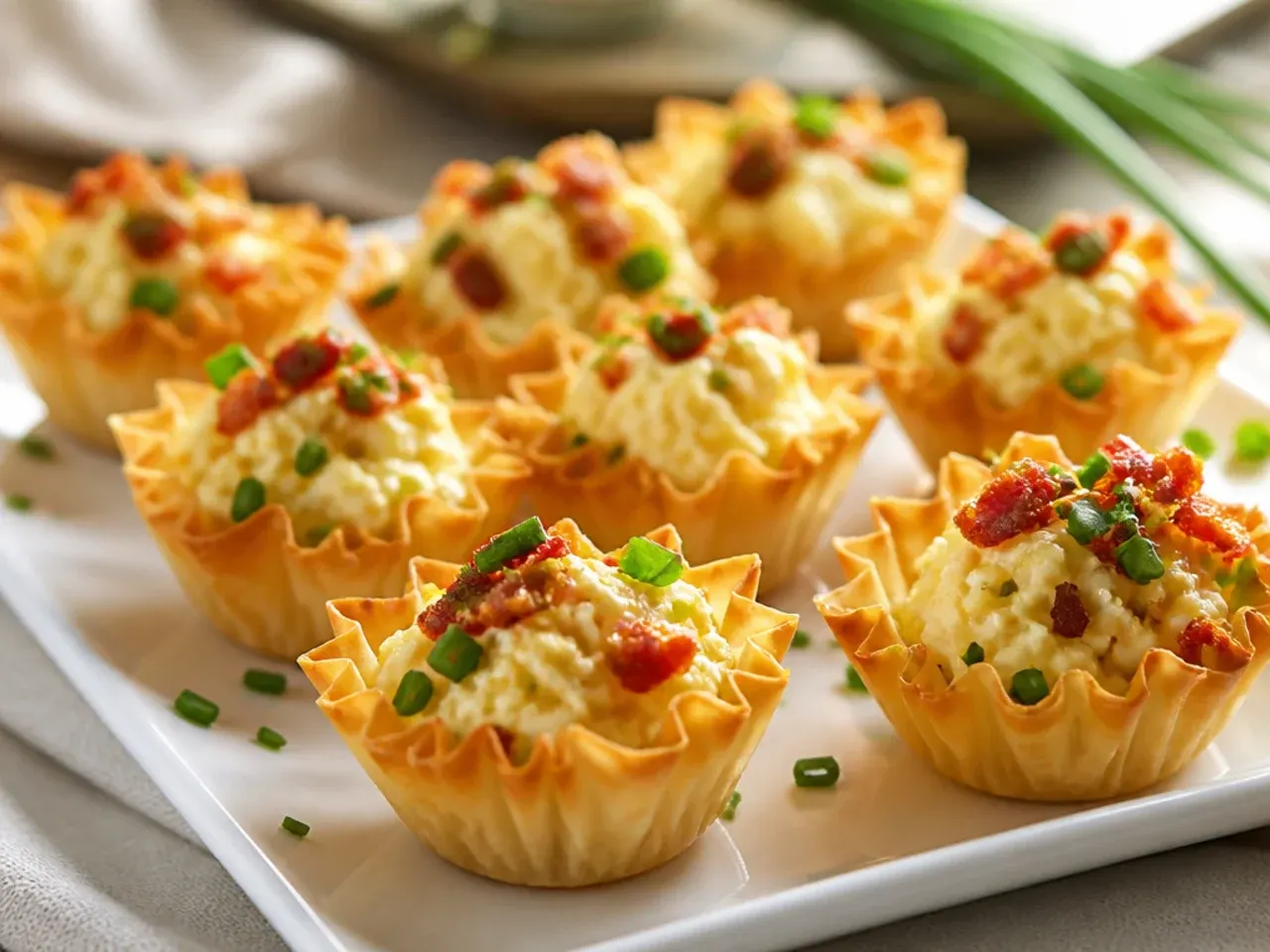 Overhead shot of an assortment of filled phyllo cups on a white serving platter