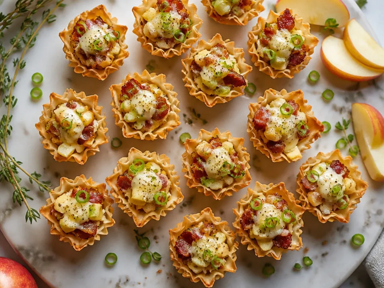 Close-up of phyllo cups filled with bacon, apple and goat cheese, drizzled with honey