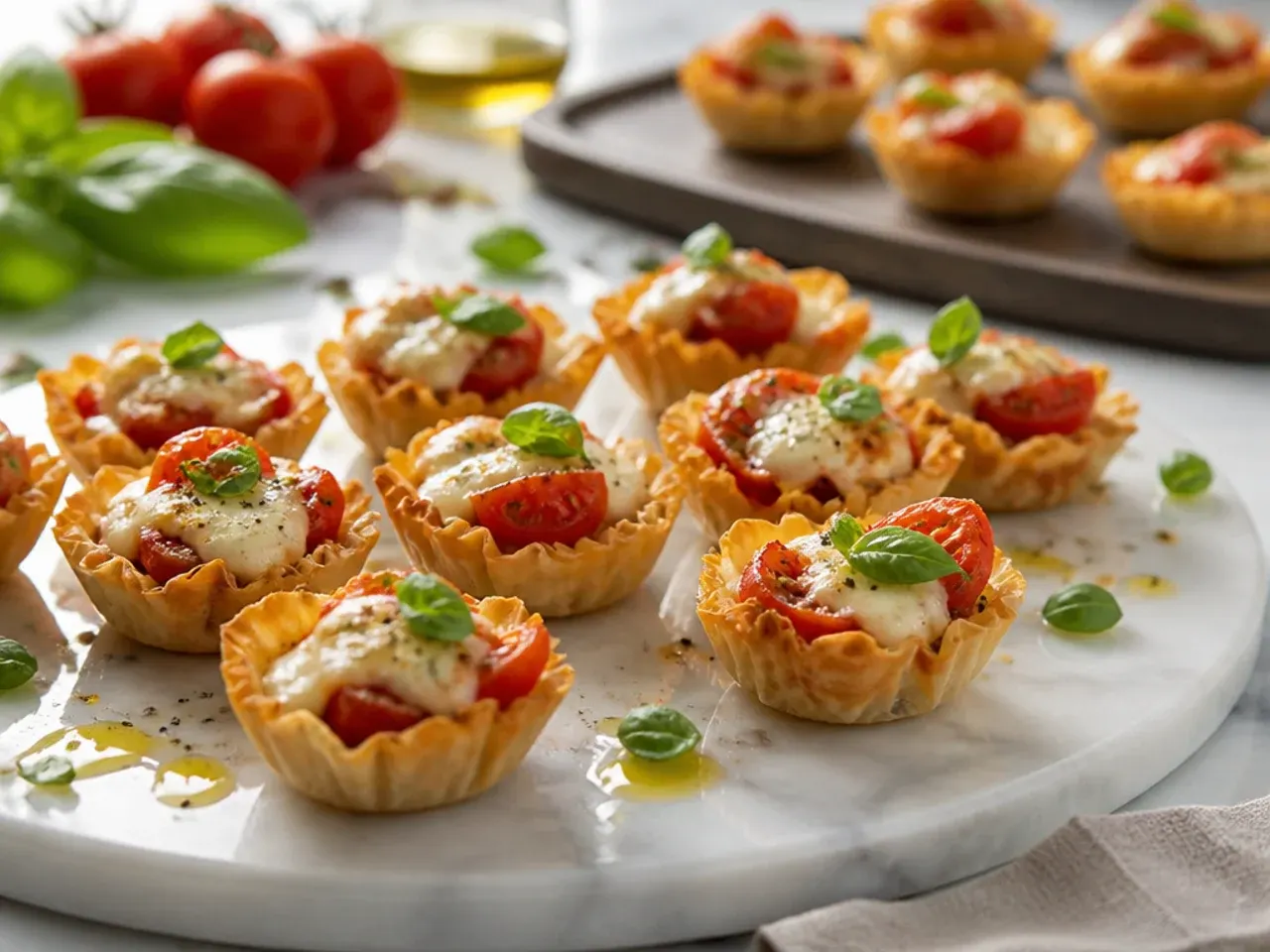 Mini phyllo cups topped with marinara sauce, melted cheese and fresh basil