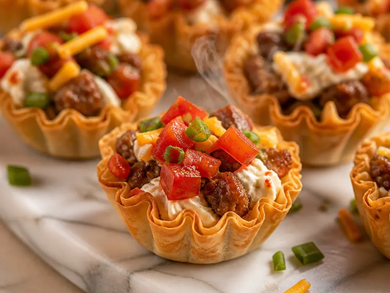 Sausage and cream cheese filled phyllo cups fresh from the oven with a golden top