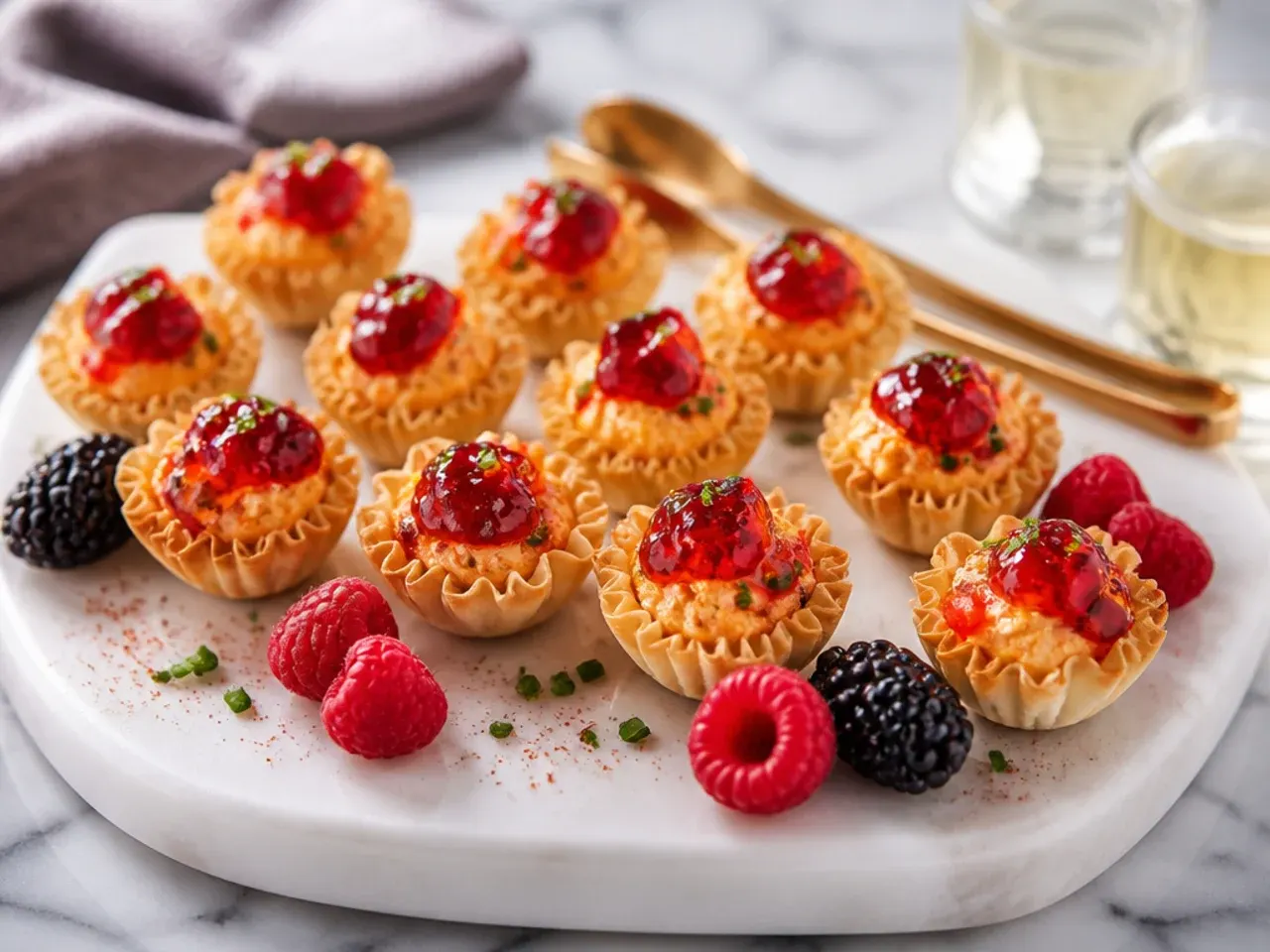 Phyllo cups filled with pimento cheese and topped with red pepper jelly