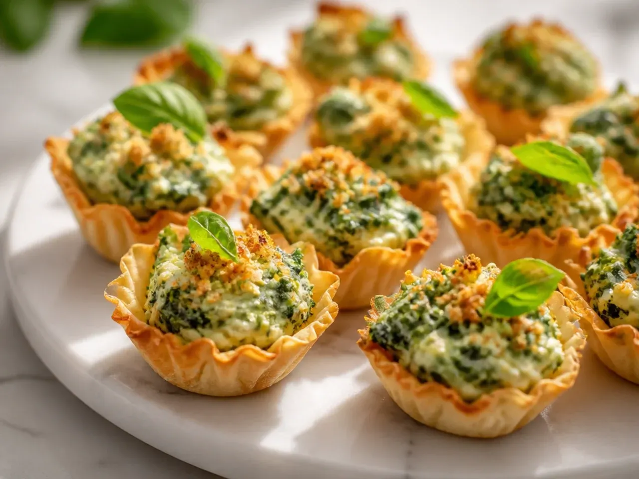 Spinach artichoke dip spooned into crisp phyllo cups on a baking tray