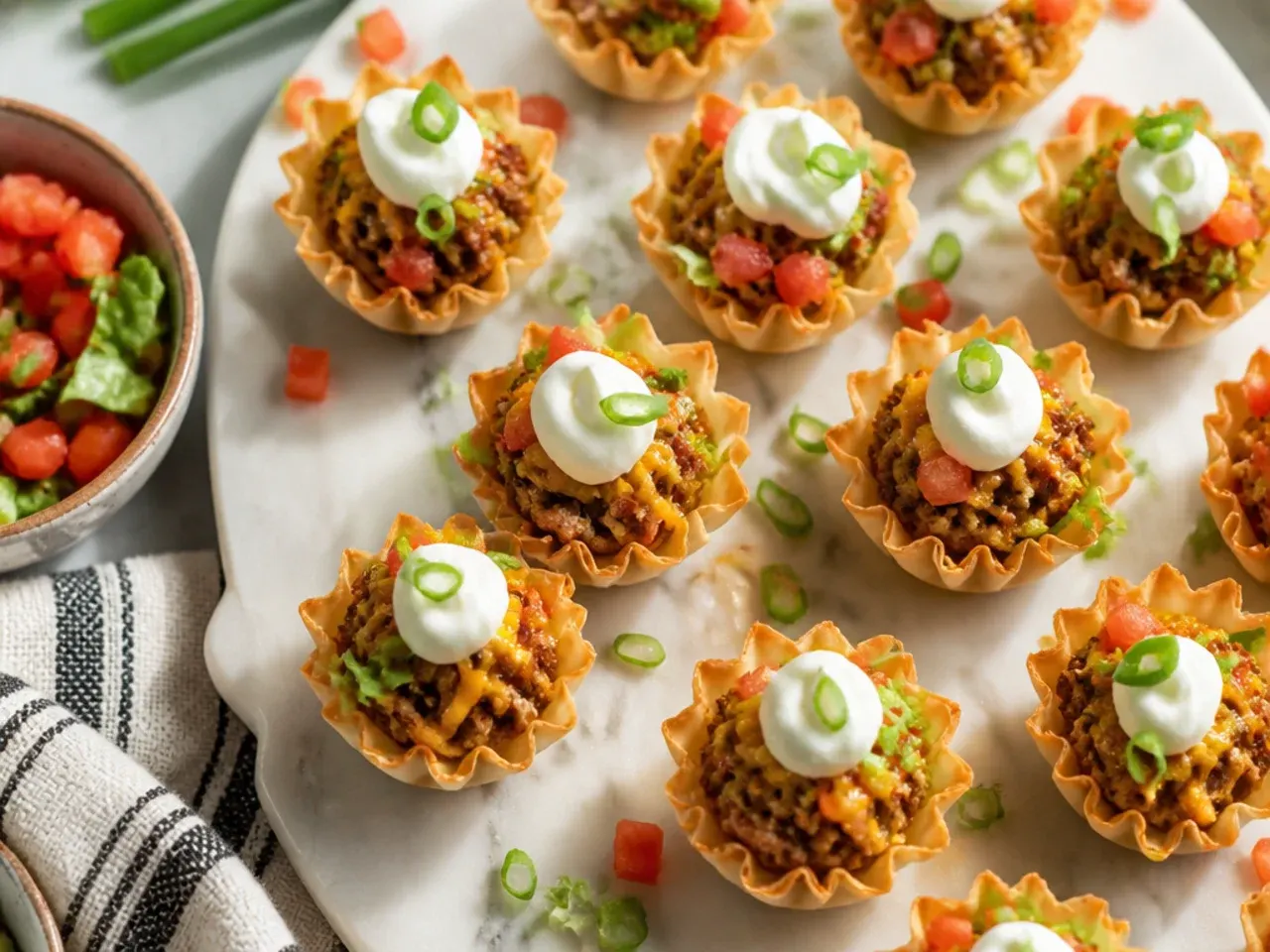 Mini taco phyllo cups topped with lettuce, tomato and sour cream