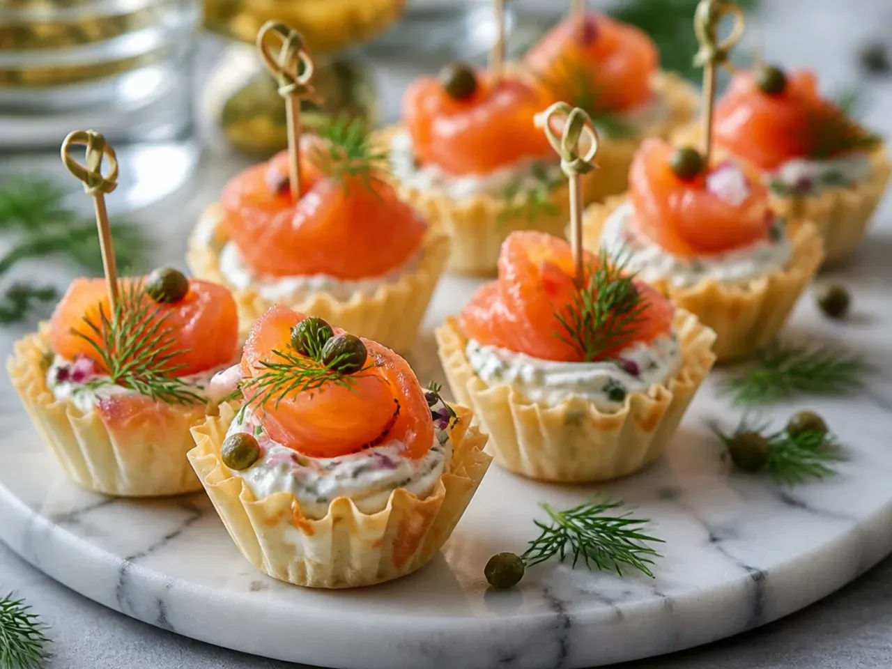 Phyllo cups topped with whipped dill cream cheese and curled smoked salmon