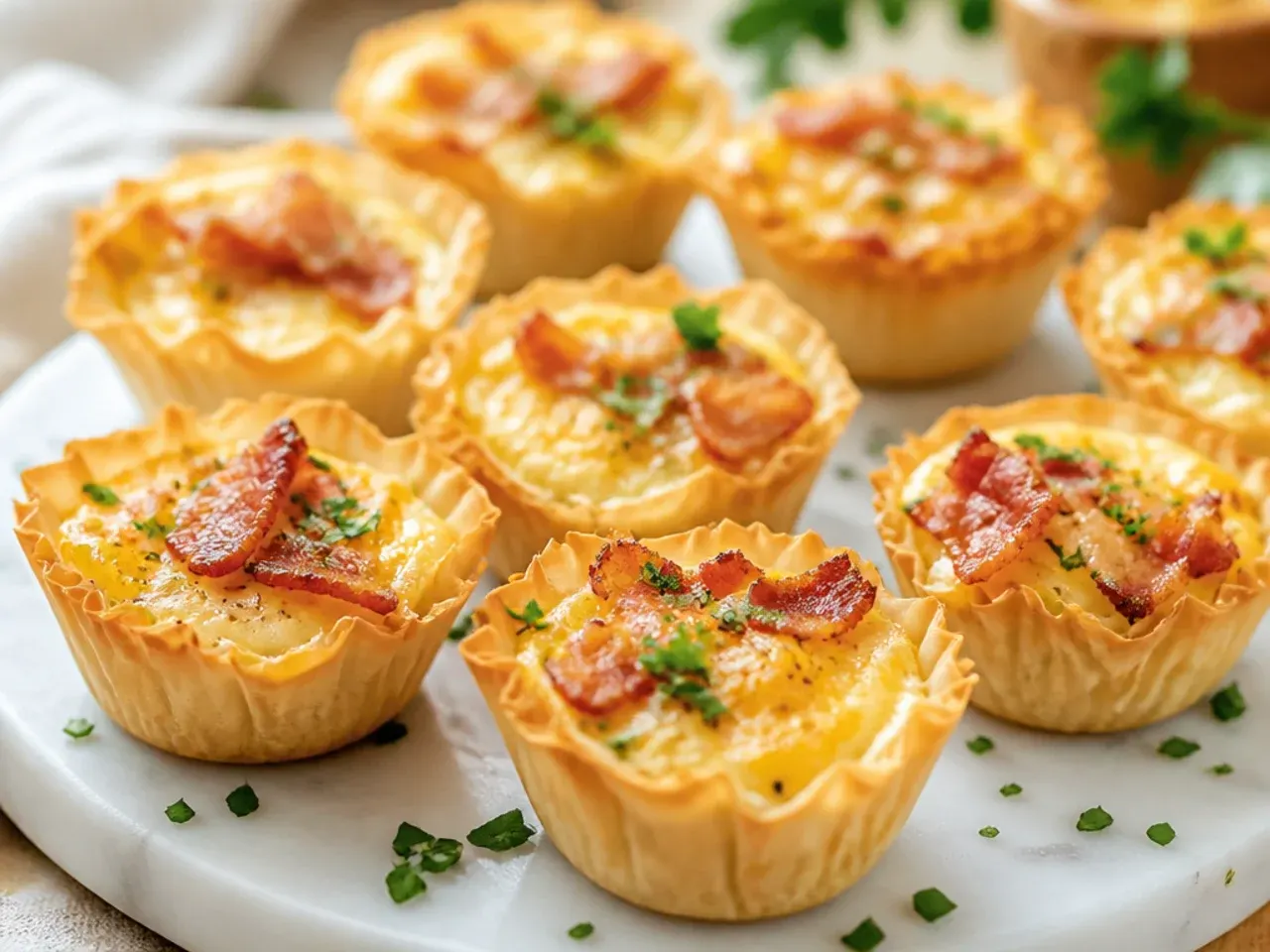Mini quiche phyllo cups with bacon, spinach and Swiss cheese on a cooling rack
