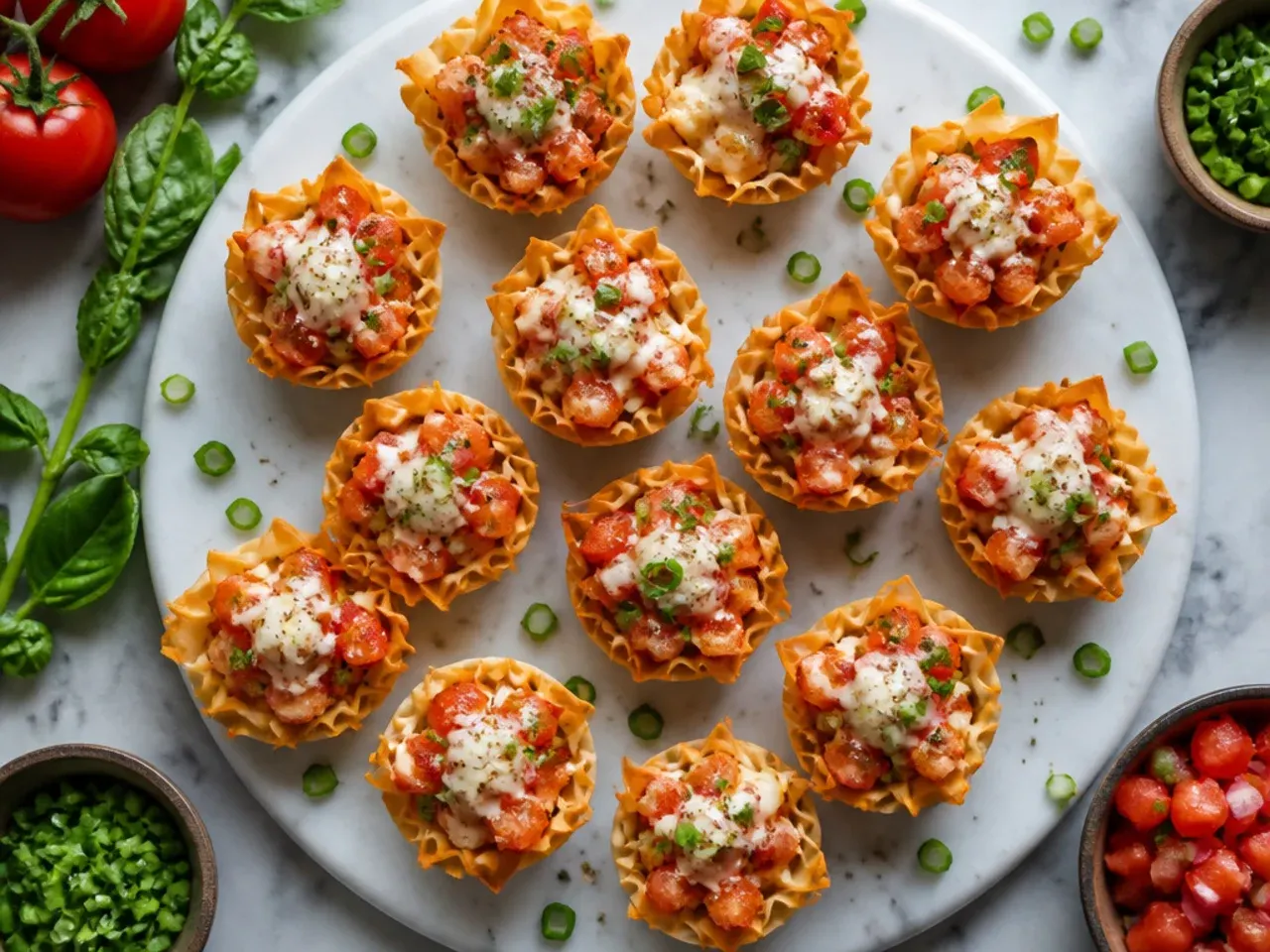 Fresh tomato bruschetta filled phyllo cups garnished with basil