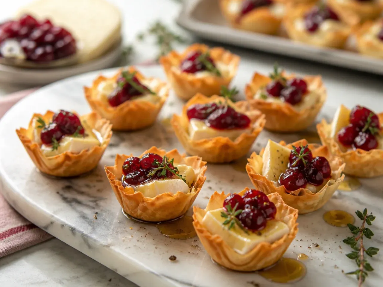 Melted brie and cranberry sauce phyllo cups topped with toasted walnuts