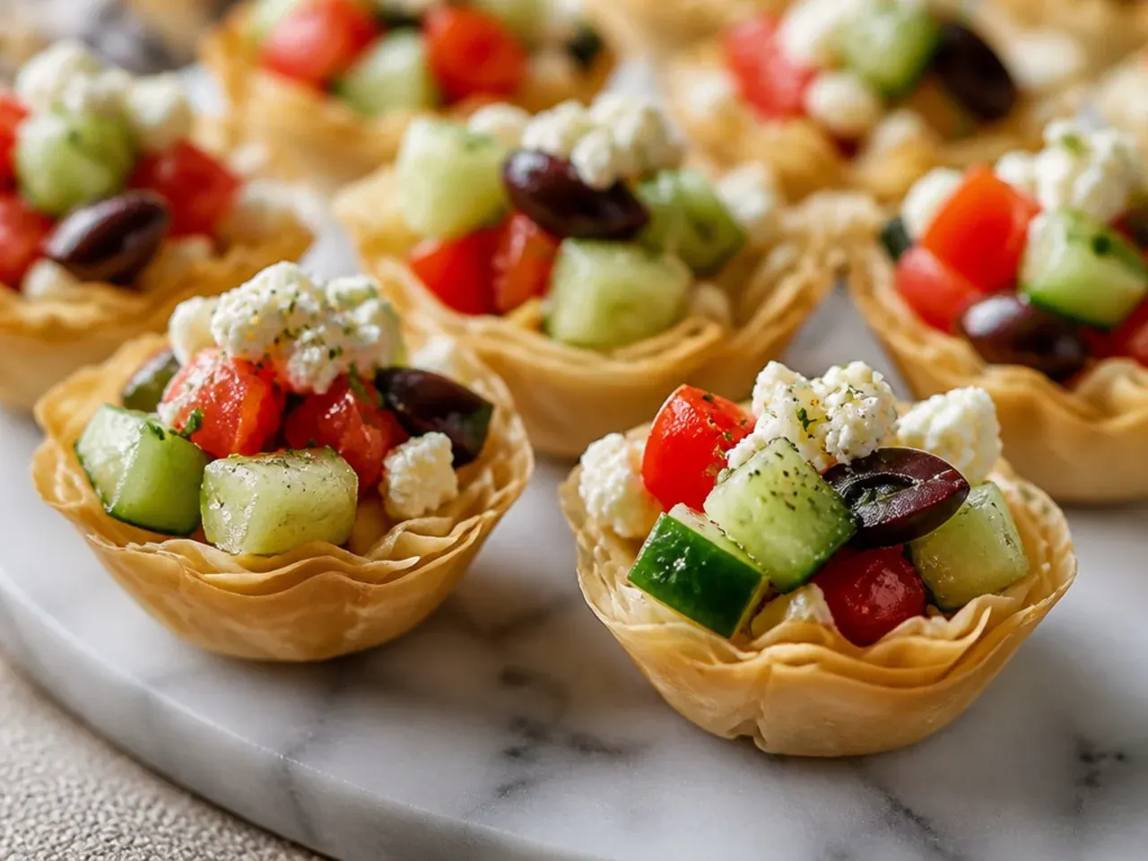 Greek salad ingredients spooned into crisp phyllo cups with feta crumbles