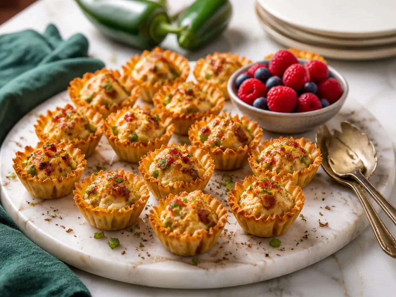 Jalapeno popper phyllo cups topped with crispy bacon bits, fresh from the oven