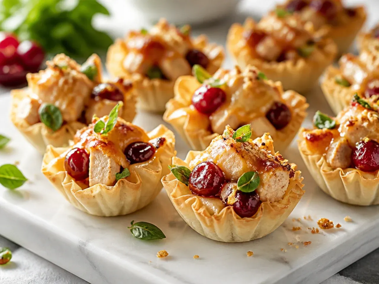 Phyllo cups filled with shredded turkey and cranberry sauce, garnished with thyme