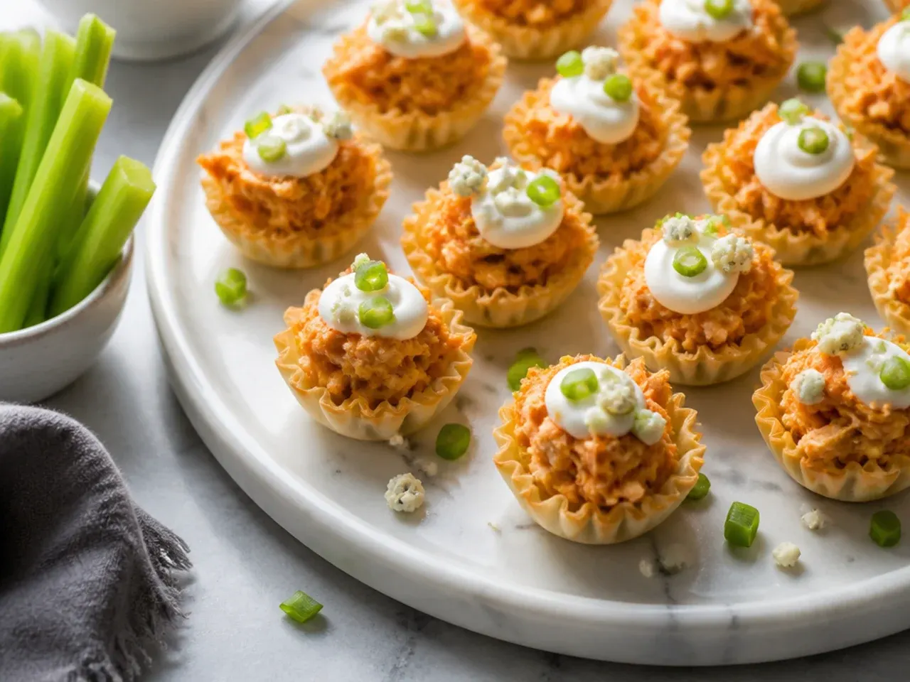 Buffalo chicken phyllo cups topped with blue cheese crumbles and celery