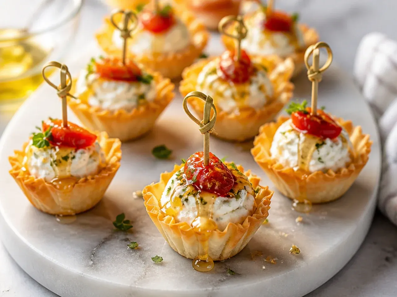Whipped feta phyllo cups drizzled with honey and topped with flaky salt