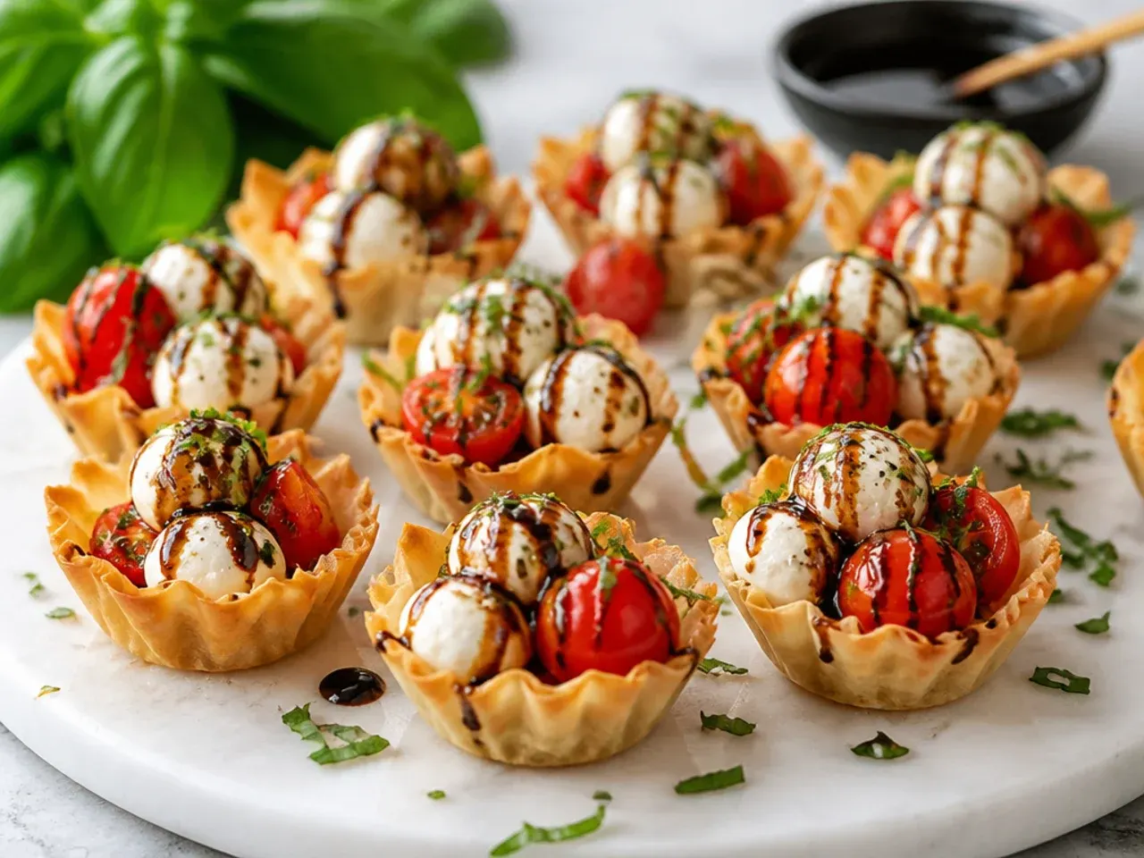 Caprese phyllo cups with mozzarella, cherry tomato and basil, drizzled with balsamic