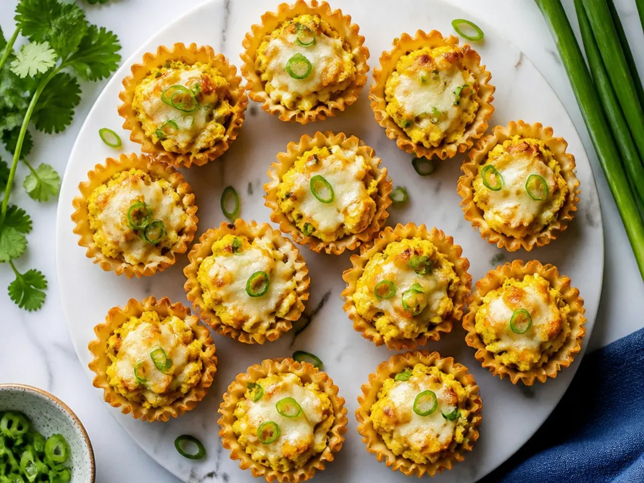 Curried chicken salad spooned into phyllo cups with toasted almonds