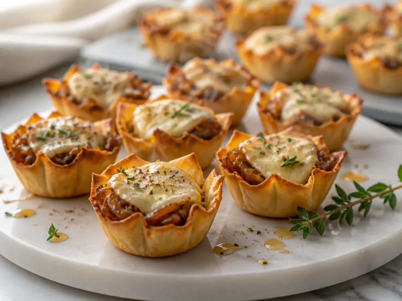 French onion phyllo cups topped with melted Gruyere cheese