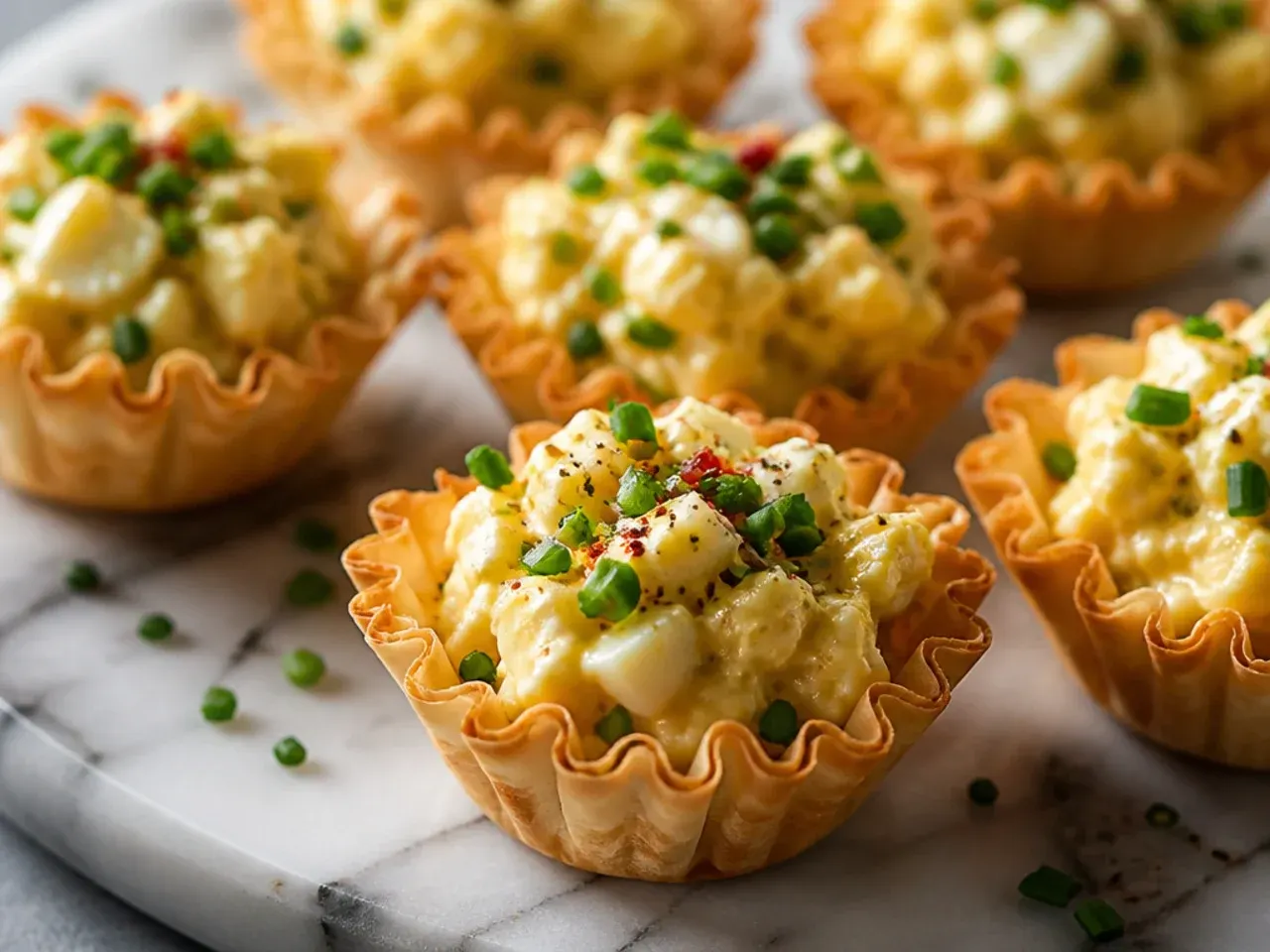 Egg salad phyllo cups garnished with chopped chives and smoked paprika