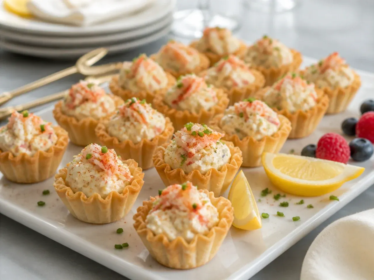 Crab and cream cheese filled phyllo cups garnished with lemon zest