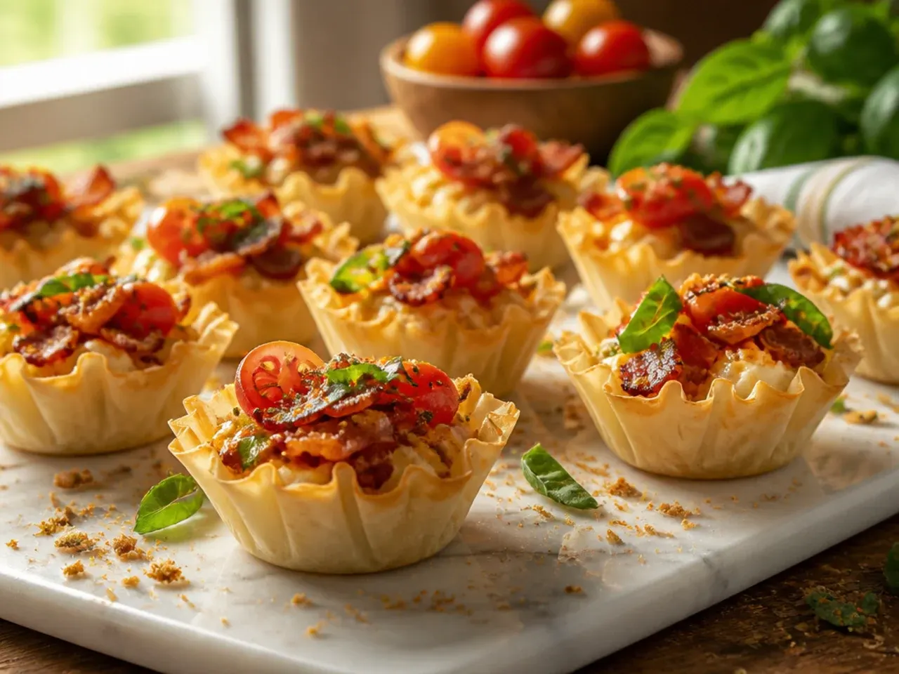 BLT phyllo cups with crispy bacon, tomato and shredded lettuce